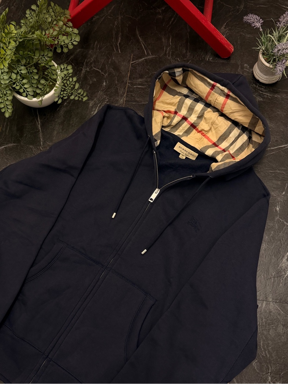 Burberry Navy Zip-Up Hoodie with Signature Check Hood Lining